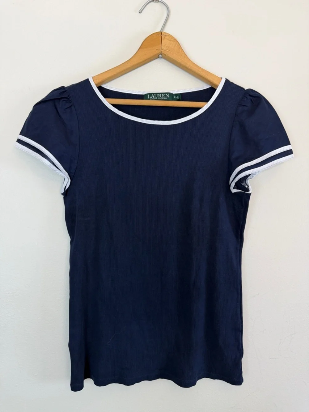 Lauren Ralph Lauren Medium M Ribbed Top Flutter Sleeve Navy Blue Baby Tee Shirt
